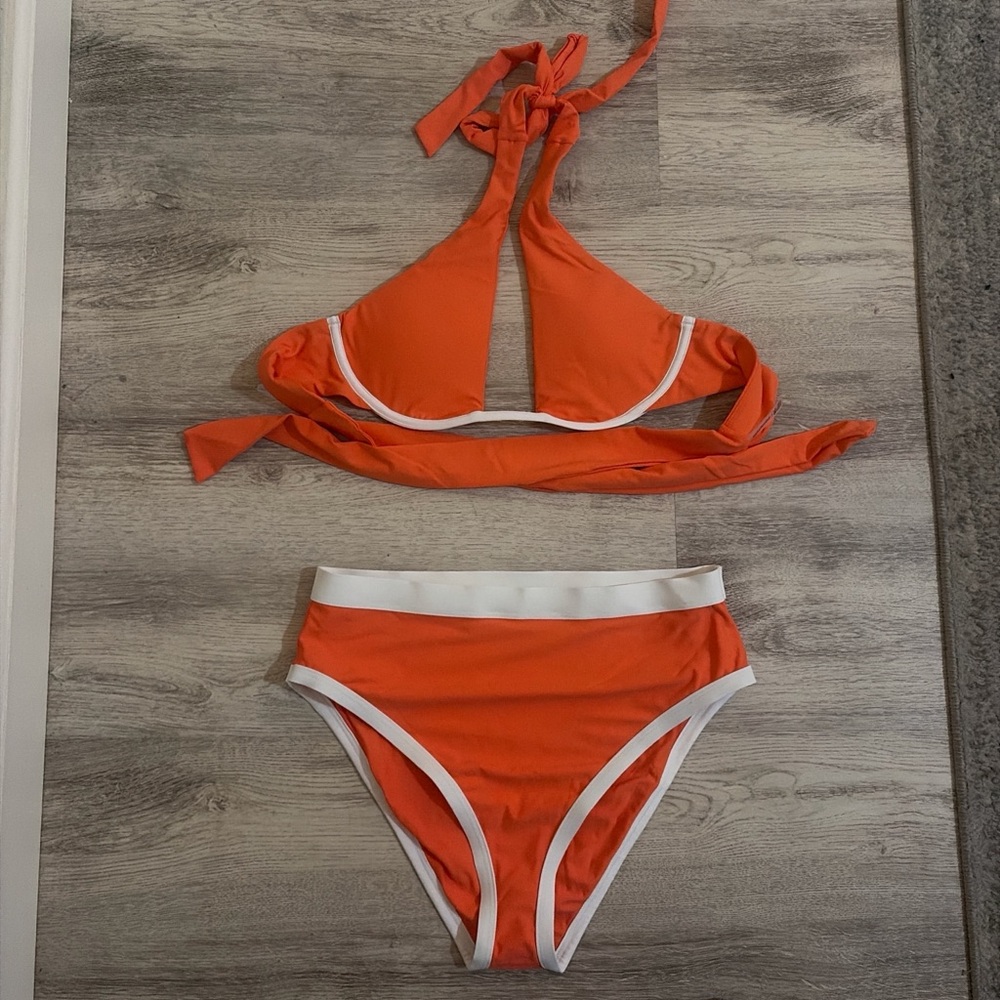 Coral and White Bikini Set